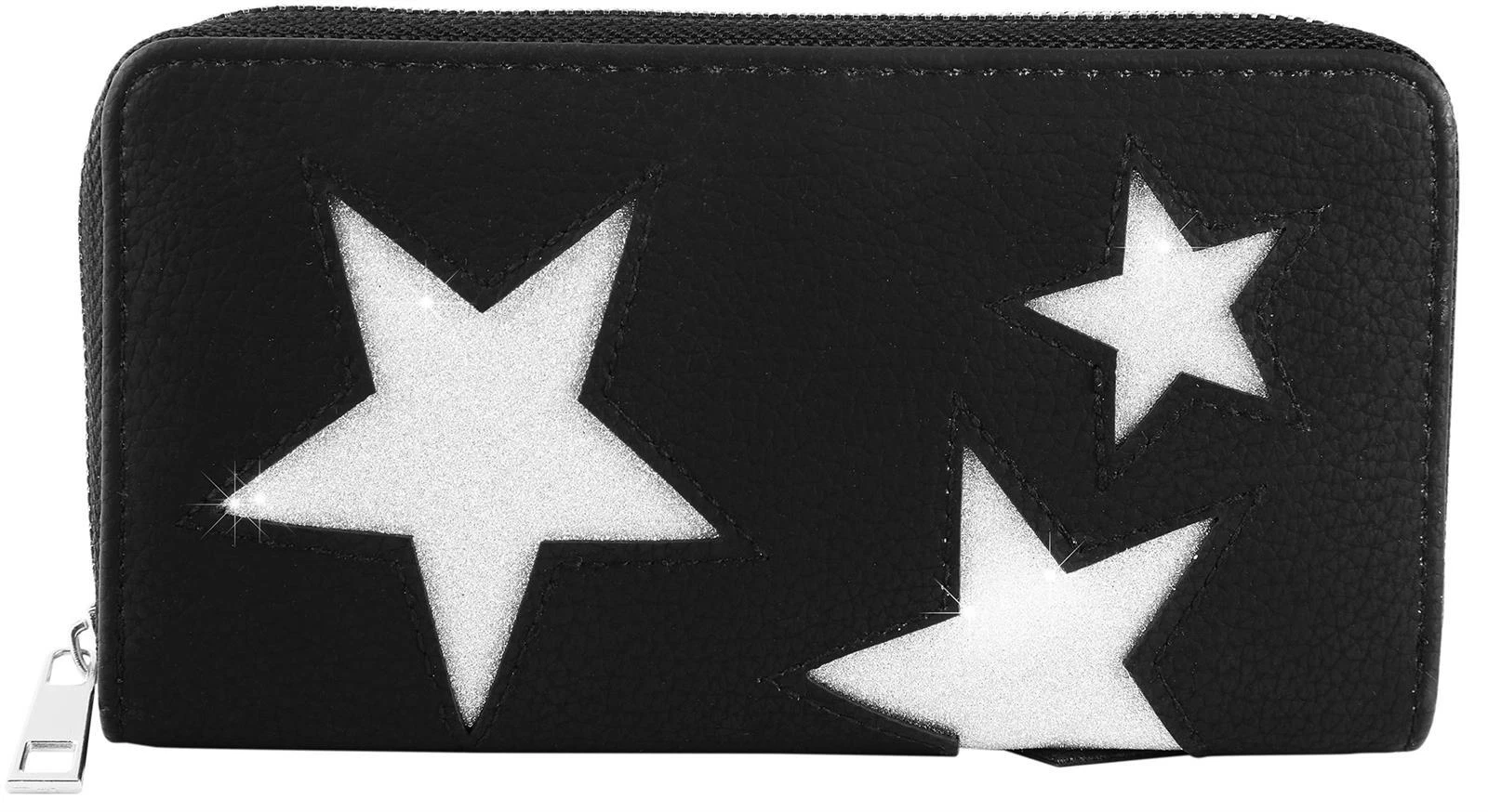 CADOURI - Portofel dama negru 19 x 10 cm, model cu stele argintii, inchidere cu fermoar