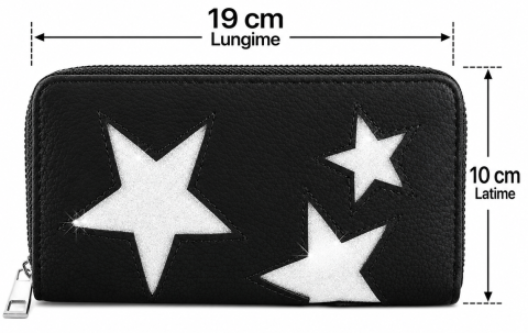 Portofel dama negru 19 x 10 cm, model cu stele argintii, inchidere cu fermoar [1]