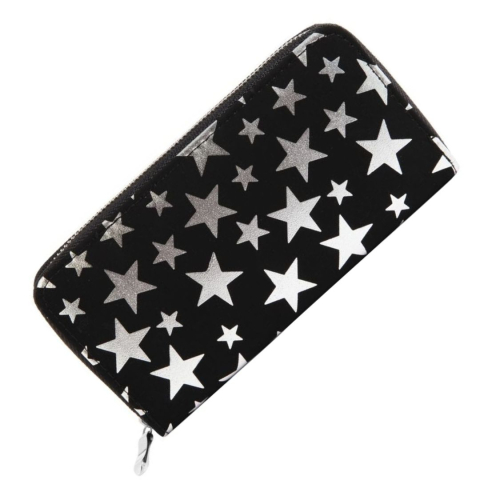 Portofel dama negru si argintiu 19 x 10 x 2,5 cm din imitatie de piele cu stelute, 8 sloturi carduri, 3 compartimente bancnote, monede si fermoar [1]