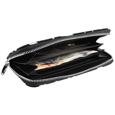 Portofel dama negru si argintiu 19 x 10 x 2,5 cm din imitatie de piele cu stelute, 8 sloturi carduri, 3 compartimente bancnote, monede si fermoar [2]
