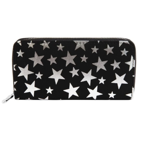CADOURI - Portofel dama negru si argintiu 19 x 10 x 2,5 cm din imitatie de piele cu stelute, 8 sloturi carduri, 3 compartimente bancnote, monede si fermoar
