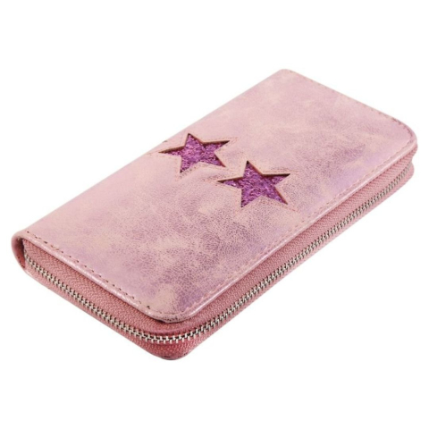 CADOURI - Portofel dama roz 19 x 10 x 3 cm din imitatie de piele, finisaj cu stele stralucitoare, 8 sloturi carduri, 3 compartimente bancnote si fermoar