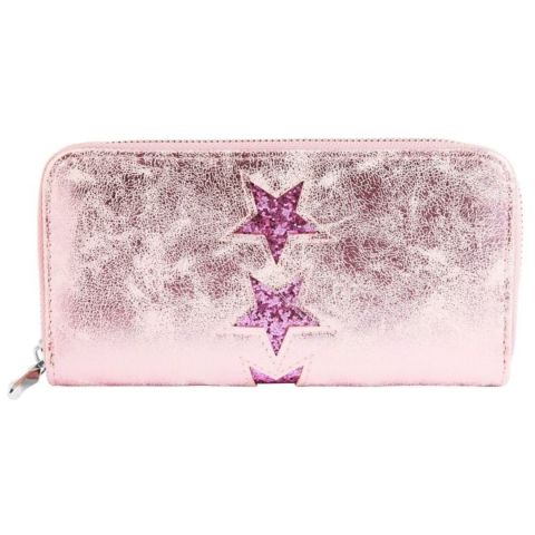 Portofel dama roz 19 x 10 x 3 cm din imitatie de piele, finisaj cu stele stralucitoare, 8 sloturi carduri, 3 compartimente bancnote si fermoar [2]