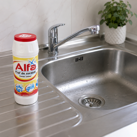 Praf de curatat Alfa 500 g, detergent abraziv pentru baie, bucatarie si suprafete dure, indeparteaza murdaria, grasimea si petele dificile [5]