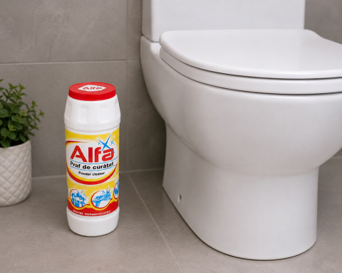 Praf de curatat Alfa 500 g, detergent abraziv pentru baie, bucatarie si suprafete dure, indeparteaza murdaria, grasimea si petele dificile [1]