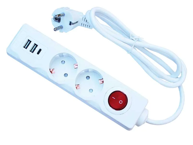 ELECTRONICE - Prelungitor alb 1,5 m cu 2 prize Schuko, 2 porturi USB-A si 1 port USB-C, intrerupator ON/OFF
