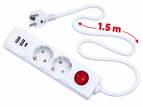 Prelungitor alb 1,5 m cu 2 prize Schuko, 2 porturi USB-A si 1 port USB-C, intrerupator ON/OFF [1]