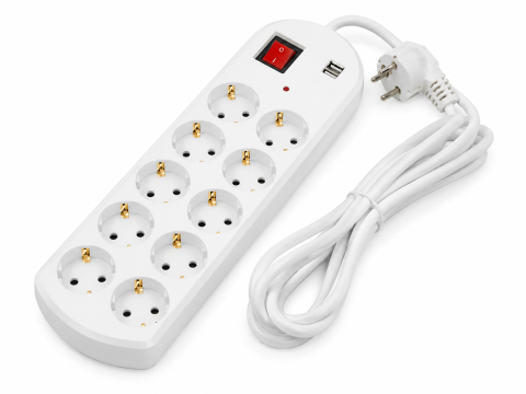 ELECTRONICE - Prelungitor alb 10 m, cablu 3x2.5 mm2, 10 prize Schuko cu impamantare, 2 porturi USB si intrerupator ON/OFF