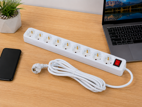 Prelungitor electric, alb 10 m, 10 prize Schuko, cablu 3 x 2.5 mm², 250V, 16A, multipriza cu impamantare si intrerupator pentru casa, birou si atelier [1]