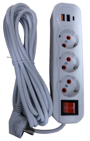 ELECTRONICE - Prelungitor Electric Alb 5 m, 3 Prize Schuko, 2 Porturi USB + 1 Port USB Type-C, Intrerupator ON/OFF, Cablu Prelungitor pentru Casa si Birou