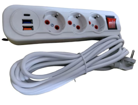 Prelungitor Electric Alb 5 m, 3 Prize Schuko, 2 Porturi USB + 1 Port USB Type-C, Intrerupator ON/OFF, Cablu Prelungitor pentru Casa si Birou [1]