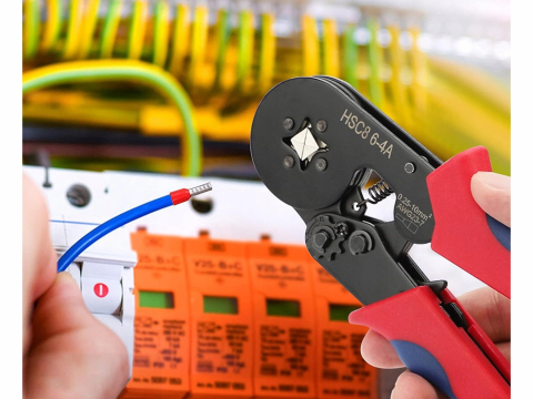 Presa de sertizare pentru papuci electrici, 0.25-10 mm², cleste profesional cu mecanism clichet, manere ergonomice rosu-albastru [4]