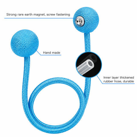 Prindere pentru perdele bleu satinat, 44 x 3 cm, magnet decorativ cu snur din poliester, sistem magnetic rezistent, reutilizabila, pentru perdele si draperii, 1 buc [1]