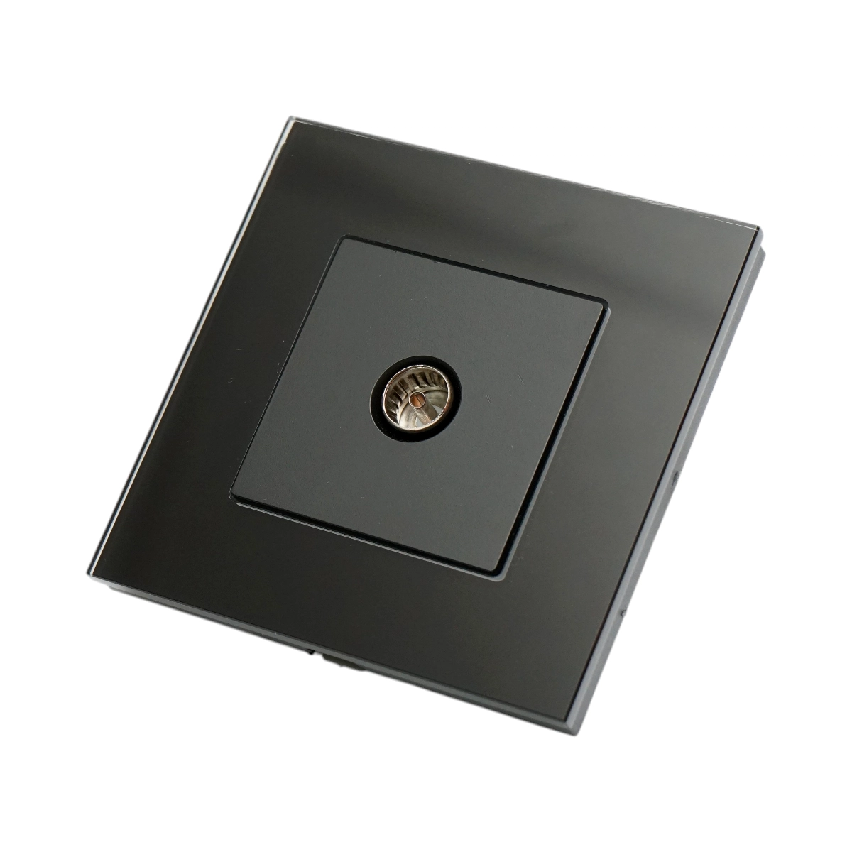 Surse de alimentare - Priza TV neagra 86 x 86 mm cu rama din sticla, conector antena coaxial si montaj incastrat pentru perete