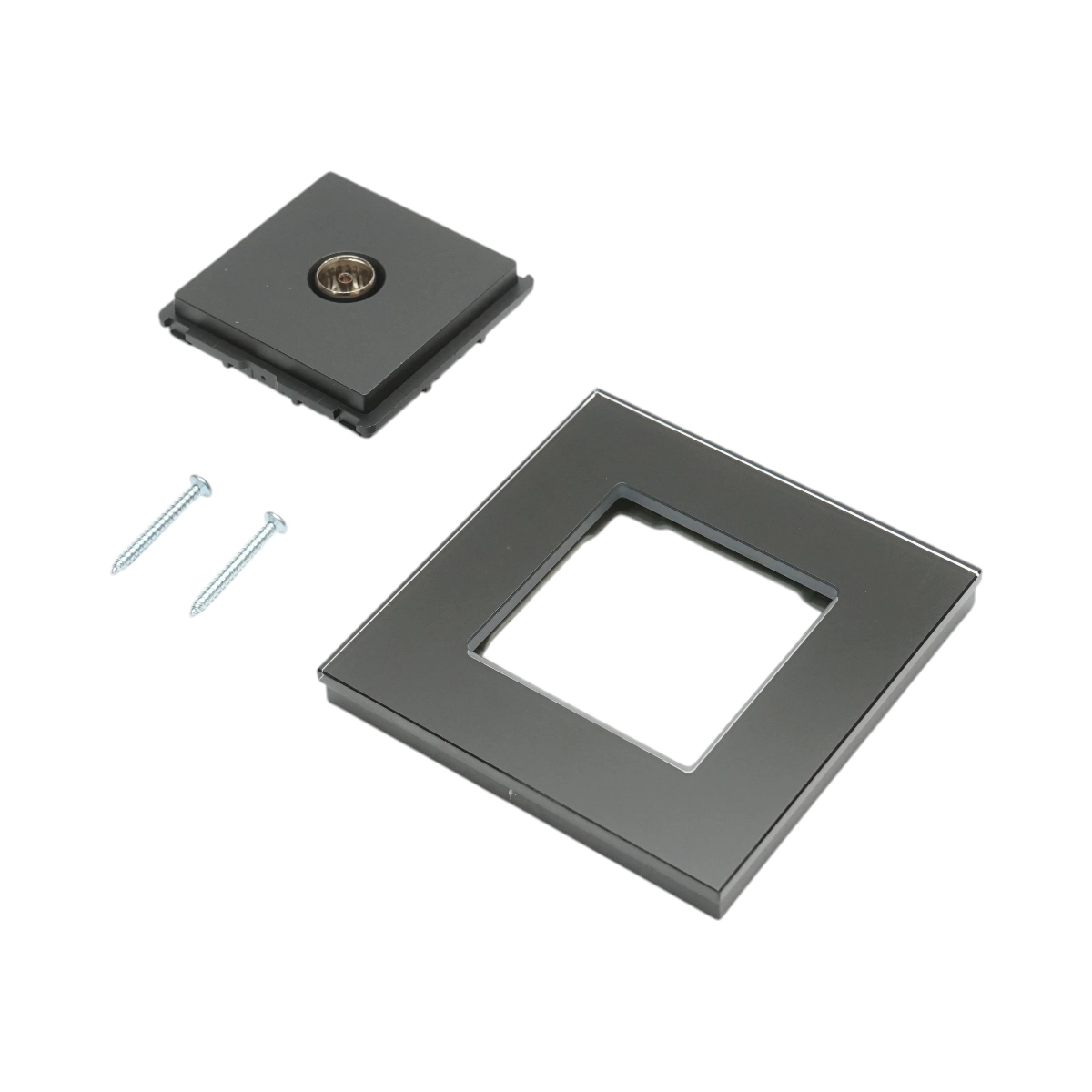 Priza TV neagra 86 x 86 mm cu rama din sticla, conector antena coaxial si montaj incastrat pentru perete [1]