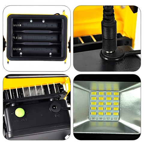 Proiector LED portabil cu halogen, 36W, 2400lm, 3 moduri iluminare, cu 3 baterii 18650 incluse, incarcare retea si auto, IP65, maner detasabil, ideal pentru atelier, camping si portbagaj, galben-negru [7]