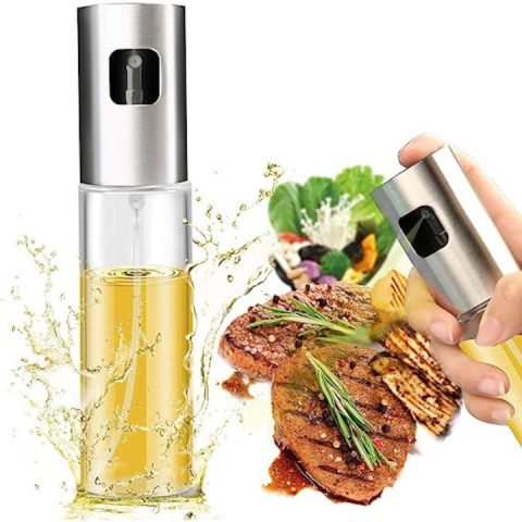 Pulverizator spray pentru ulei, otet, reutilizabil, din sticla/otel inoxidabil, capacitate 100 ml, 18 x 4 cm, argintiu [2]