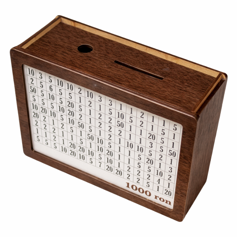 JOCURI ȘI JUCĂRII - Pusculita economii 1000 RON din lemn, cutie bani cu grila urmarire, provocare economisire, 20x9x14.5 cm