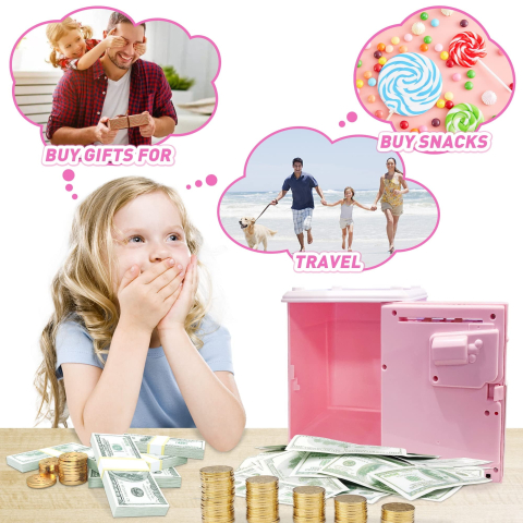 Pusculita electronica pentru copii, model pisica, tip ATM cu cod PIN, lumini si sunete, economisire bani, roz, 16 x 11 x 10 cm [1]