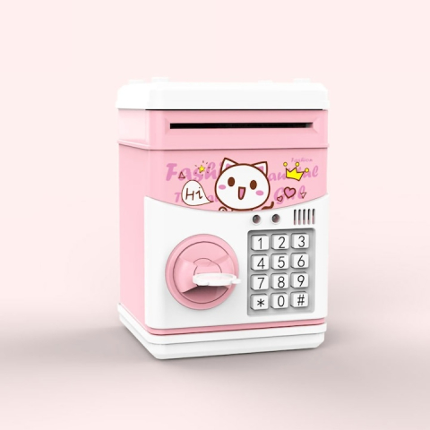Pusculita electronica pentru copii, model pisica, tip ATM cu cod PIN, lumini si sunete, economisire bani, roz, 16 x 11 x 10 cm [8]
