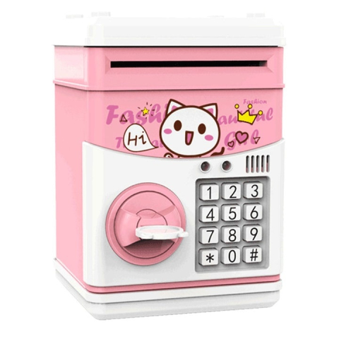 Alte jucării - Pusculita electronica pentru copii, model pisica, tip ATM cu cod PIN, lumini si sunete, economisire bani, roz, 16 x 11 x 10 cm