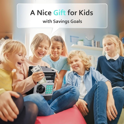 Pusculita interactiva pentru copii, tip seif metalic, cu parola, efecte luminoase si sonore, alimentare automata a bancnotelor, capacitate mare, negru inchis – jucarie educativa pentru economisire [1]