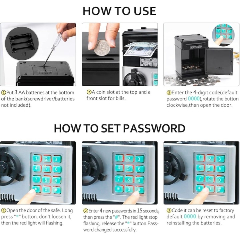 Pusculita interactiva pentru copii, tip seif metalic, cu parola, efecte luminoase si sonore, alimentare automata a bancnotelor, capacitate mare, negru inchis – jucarie educativa pentru economisire [5]