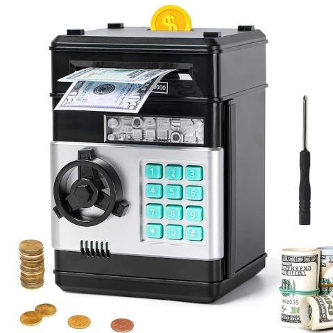 Jucării de rol - Pusculita interactiva pentru copii, tip seif metalic, cu parola, efecte luminoase si sonore, alimentare automata a bancnotelor, capacitate mare, negru inchis – jucarie educativa pentru economisire