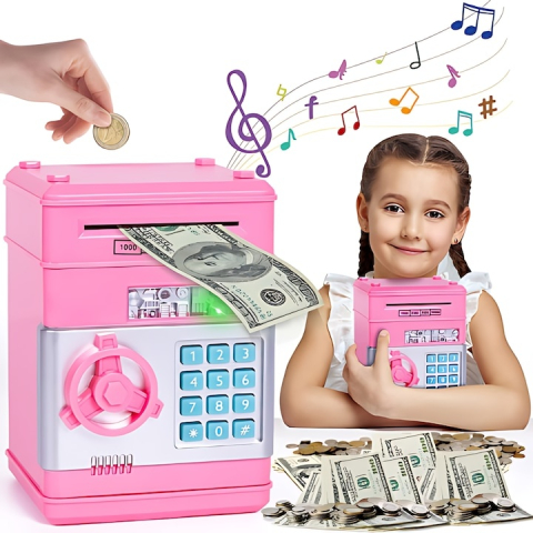 Pusculita interactiva tip bancomat cu PIN, cu efecte sonore si luminoase, roz, jucarie educativ-interactiva pentru economisire si gestionarea banilor pentru copii [5]