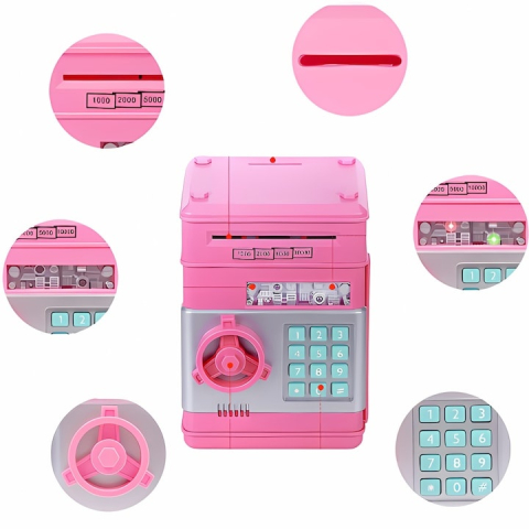 Pusculita interactiva tip bancomat cu PIN, cu efecte sonore si luminoase, roz, jucarie educativ-interactiva pentru economisire si gestionarea banilor pentru copii [2]