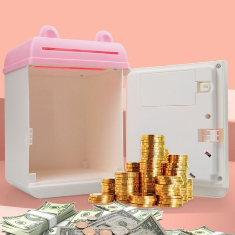 Pusculita pentru fetite tip Piggy Box, cu acces pe cheie, pentru economii, alb/roz [1]