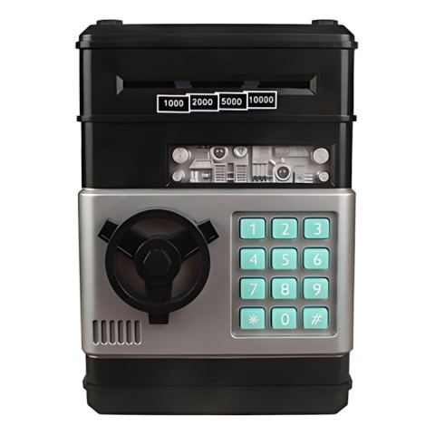 Jucării educative - Pusculita tip bancomat cu pin si efecte sonore, model negru, jucarie educativ-interactiva pentru gestionarea banilor, dezvoltare financiara pentru copii