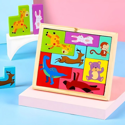 Puzzle 3D pentru copii, tip tetris, model animale, educativ, lemn, 7 piese, 16 x 13.5 x 1 cm, multicolor, +4 ani [2]