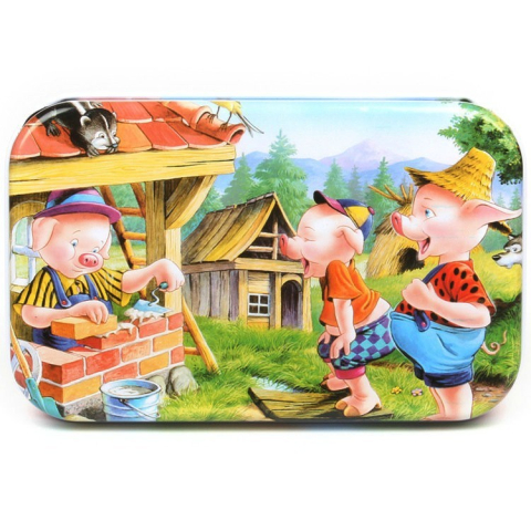 Puzzle 60 de Piese din Lemn in Cutie Metalica, Model Cei Trei Purcelusi, Educativ, Dezvoltare Abilitati Cognitive, pentru Prescolari, 22.5x13.5 cm, Multicolor [1]