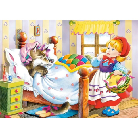 JOCURI ȘI JUCĂRII - Puzzle 60 de Piese din Lemn in Cutie Metalica, Model Scufita Rosie,Dezvoltare Abilitati Cognitive, 22.5x13.5 cm, Multicolor