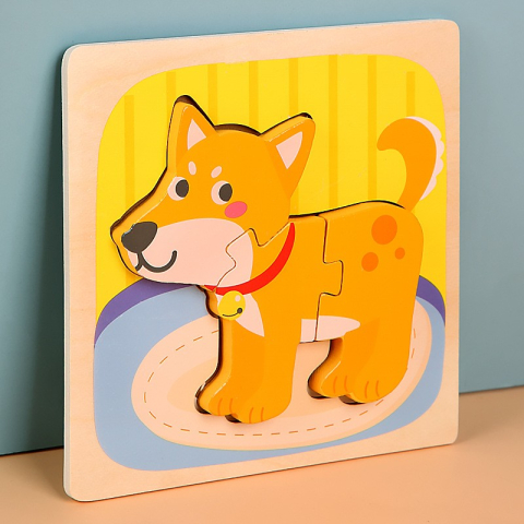 Puzzle din lemn multicolor 15 x 15 x 0,5 cm cu catelus, joc educativ cu piese detasabile [2]