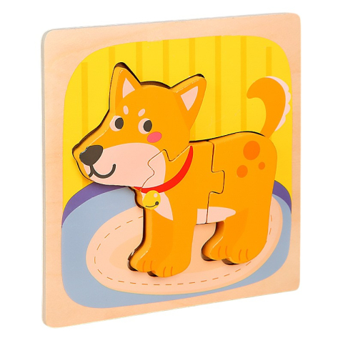 JOCURI ȘI JUCĂRII - Puzzle din lemn multicolor 15 x 15 x 0,5 cm cu catelus, joc educativ cu piese detasabile