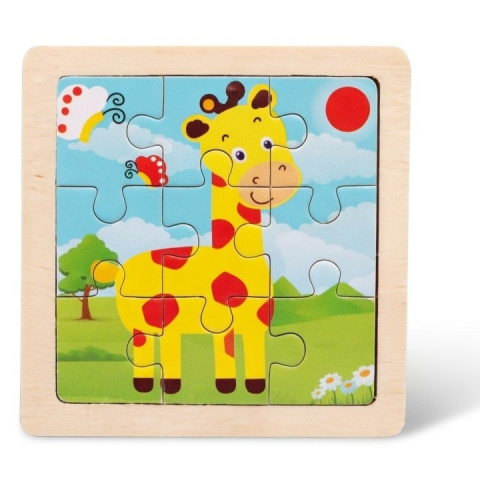 Puzzle educativ cu suport din lemn, set 4 modele animale, 11 x 11 cm, 9 piese fiecare, joc de logica si asociere pentru copii 3+ ani [4]