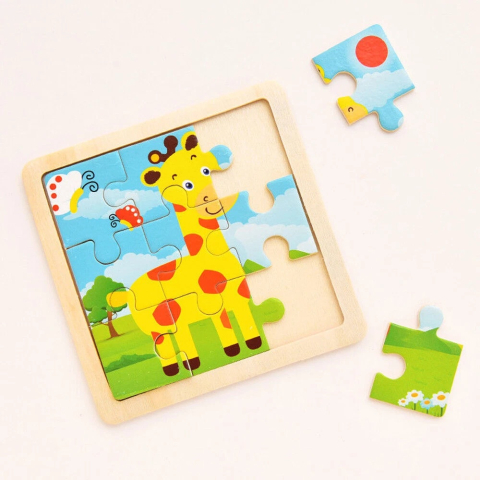 Puzzle educativ cu suport din lemn, set 4 modele animale, 11 x 11 cm, 9 piese fiecare, joc de logica si asociere pentru copii 3+ ani [5]