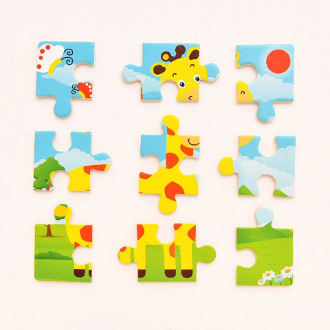 Puzzle educativ cu suport din lemn, set 4 modele animale, 11 x 11 cm, 9 piese fiecare, joc de logica si asociere pentru copii 3+ ani [6]