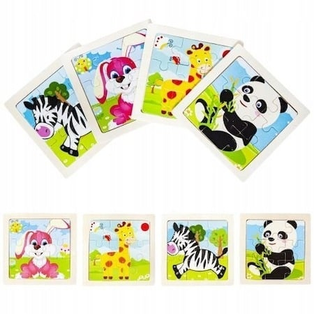 JOCURI ȘI JUCĂRII - Puzzle educativ cu suport din lemn, set 4 modele animale, 11 x 11 cm, 9 piese fiecare, joc de logica si asociere pentru copii 3+ ani