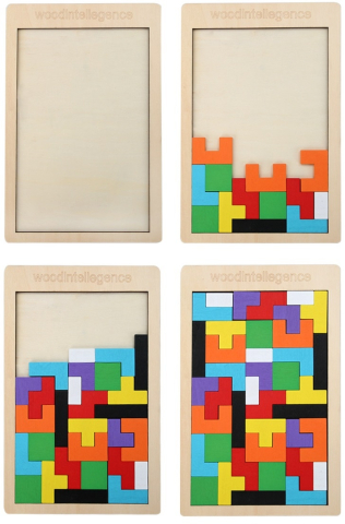 Puzzle educativ montessori multicolor 26.5 x 17.7 cm, joc din lemn cu 40 piese tip tetris, dezvoltare logica, memorie si coordonare pentru copii [8]