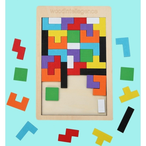Puzzle educativ montessori multicolor 26.5 x 17.7 cm, joc din lemn cu 40 piese tip tetris, dezvoltare logica, memorie si coordonare pentru copii [4]