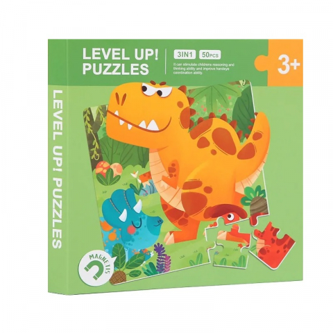 Jucării educative - Puzzle magnetic 3in1 pentru copii, total 50 piese, 3 puzzle, 9, 16 si 25 piese, 14x14x1.5 cm- Multicolor