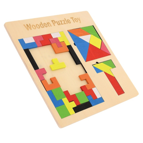 Puzzle Montessori multicolor 37 piese din lemn, 3D, joc educativ 3 in 1 pentru dezvoltarea logicii, creativitatii si coordonarii, 3 ani+ [1]