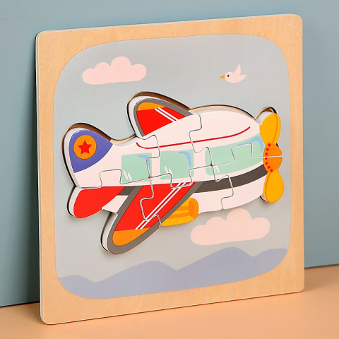 Puzzle multicolor 15 x 15 x 0,5 cm din lemn cu avion, 6 piese detasabile [3]