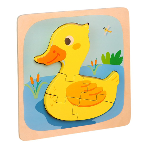 JOCURI ȘI JUCĂRII - Puzzle multicolor 15 x 15 x 0,5 cm din lemn pentru copii, ratusca galbena cu 5 piese