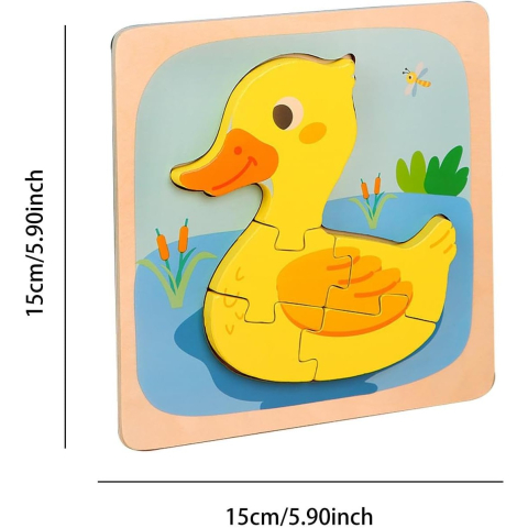 Puzzle multicolor 15 x 15 x 0,5 cm din lemn pentru copii, ratusca galbena cu 5 piese [1]