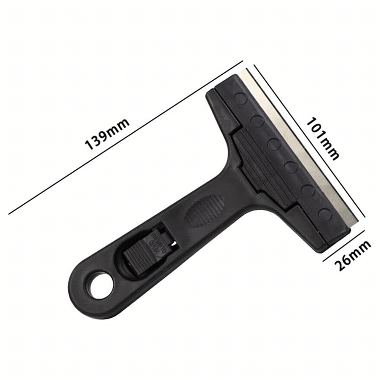 Racleta neagra 13,9 x 10,1 x 2,6 cm, lama metalica retractabila, maner ergonomic, pentru geamuri, plite vitroceramice, adeziv si reziduuri [1]