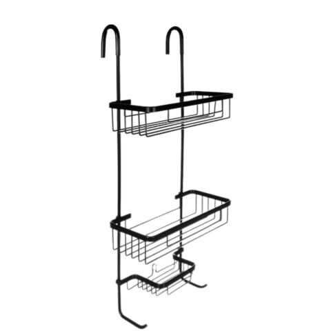 CASA & GRADINA - Raft suspendat negru 63 x 28,5 x 14 cm, 3 polite, aluminiu, fara gaurire, organizator pentru cabina de dus cu ventuza de stabilizare